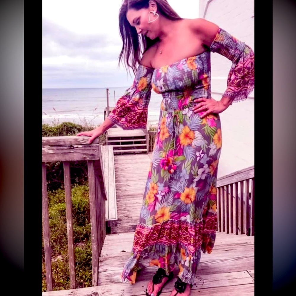 Anthropologie Z&L Europe Floral Off-Shoulder Maxi Dress tropical vacation cruise
